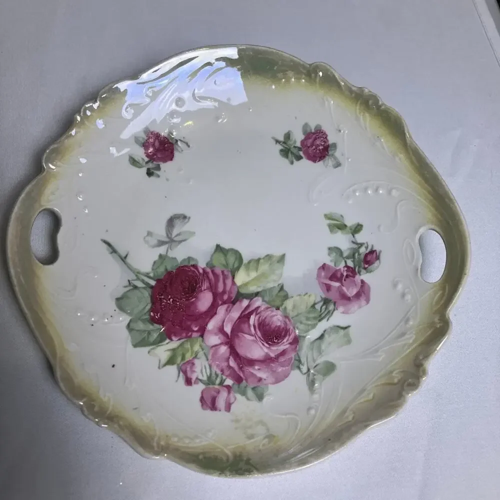 Antique Lehmann Arzberg Bavaria Hand Painted Pink Rose Cake Plate Embossed 10”